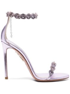 lavender purple calf leather metallic effect crystal embellishment open toe buckle-fastening ankle strap branded leather insole high stiletto heel Quinceanera Purple Heels, Purple Prom Heels, Lavender Outfits For Women, Lavender High Heels, Birthday Heels, Sliver Heels, Lilac Heels, Lavender Heels, Lavender Shoes