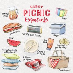 a watercolor and ink drawing of various items used to make a picnic essentials poster