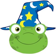 a green frog wearing a blue hat with stars on it