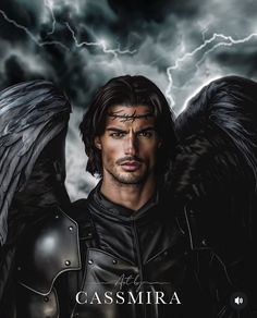 a man with black wings standing in front of a stormy sky and lightning behind him