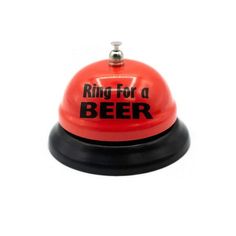 a red bell with the words ring for a beer on it's top and black base