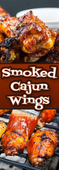 smoked cajun wings on the grill with text overlay