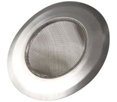 a stainless steel strainer is shown on a white background, with the mesh in the center