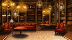 a living room filled with red couches and lots of bookshelves covered in clocks