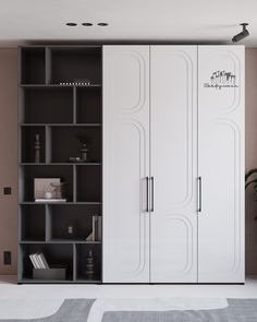 a large white bookcase sitting in the middle of a room next to a plant