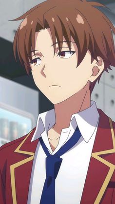 an anime character wearing a red jacket and blue tie with his eyes closed, staring at the camera