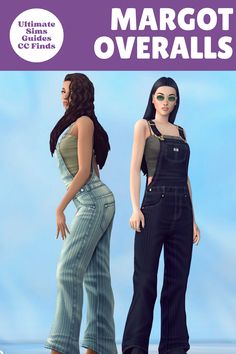 two women in overalls standing next to each other with the words margot overalls on them