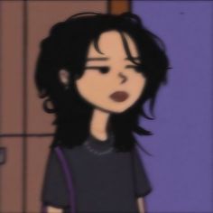 an animated image of a woman with dark hair and black shirt, standing in front of a purple wall