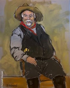 a painting of a man wearing a cowboy hat and sitting in a chair with his hands on his hips