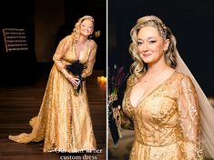 a woman in a gold dress is posing for the camera and holding a flower bouquet