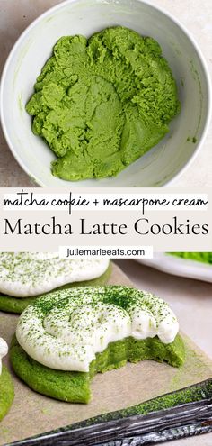 matcha latte cookies in a white bowl and on a cutting board with the words matcha latte cookies