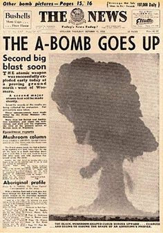 the front page of an old newspaper with a silhouette of a nuclear mushroom on it