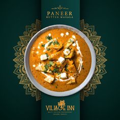 a white bowl filled with food on top of a green and gold background, next to an advertisement for paneer butter maala