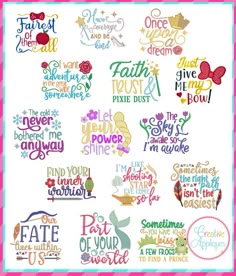 the words and phrases in this set are hand painted on white paper with pink trimmings