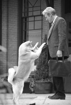 an older man is playing with his dog outside