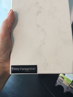 a hand holding a white marble tile with the words frosty carrina 511 on it