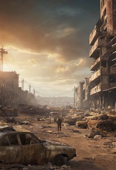 an old car is parked in the middle of a destroyed city with people walking by