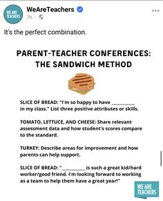 an image of a sandwich with words describing it's the perfect combination for parent - teacher conferences