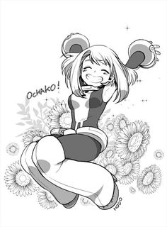 a cartoon character sitting on the ground with sunflowers in front of her face