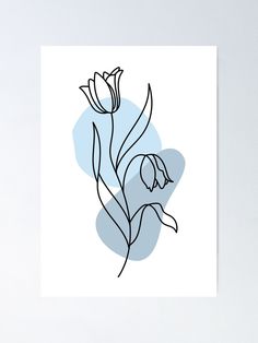 a black and white drawing of flowers on a light blue background with the outline of a flower