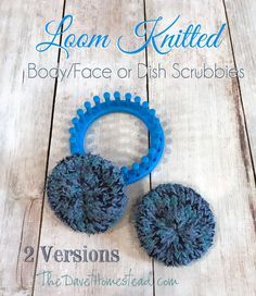 two blue scrubbers sitting on top of a wooden floor with text overlay reading body / face or dish scrubbies 2 versions