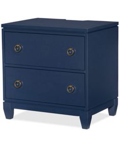 a blue nightstand with two drawers and gold knobs on the bottom, against a white background