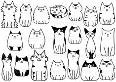 a bunch of cats that are black and white on a white background, each with different faces