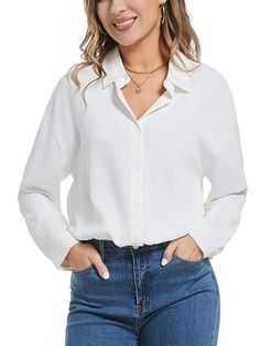 PRICES MAY VARY. 【Material】The women blouses made of high-quality 95% Cotton, 5% Elastane fabric, soft, light, breathable and skin-friendly. Comfy shirts fit for all days wear. 【Features】Long sleeve (can be rolled up to 3/4 sleeves), button through closure, collared V-neckline, solid color, simple but classic design makes this shirt never go out of style. The basic button down blouse are great for formal occasions like work, office outfits, business meetings, uniform, job interview. Or just casual daily wear like party, holiday, club, school, street Work Office Outfits, Button Up Women, School Street, Shirt Wrinkles, Holiday Club, Women's Button Down Shirt, Comfy Shirts, Women Blouses