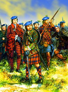 a painting of men in tartans and kilts with swords, standing on the grass