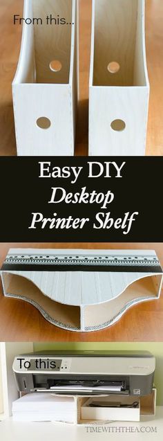 the easy diy desktop printer shelf is made from cardboard and has three compartments to hold files