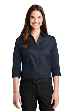 Port Authority ® Ladies 3/4-Sleeve Carefree Poplin Shirt. LW102 - RIVER BLUE NAVY - S | Port Authority Women's 3/4-Sleeve Carefree Poplin Shirt in River Blue Navy Size Small | Cotton/Polyester Blend Blue Button Up Shirt Outfit, Button Up Shirt Outfit Women, Button Up Shirt Outfit, River Blue, Blue Button Up Shirt, Women's Button Down Shirt, Port Authority, Dress Shirts For Women, Chambray Shirt