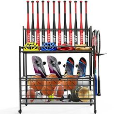 a rack with many pairs of shoes and umbrellas