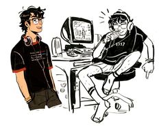 a drawing of two people sitting in front of a computer