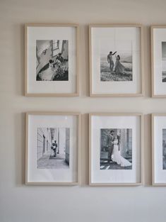 six black and white photographs are hanging on the wall above them is a woman in a wedding dress