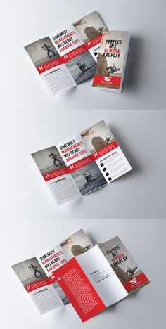 three folded brochures with red and white designs