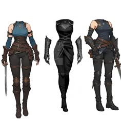 three different views of the same outfit, one in blue and one in black with two swords