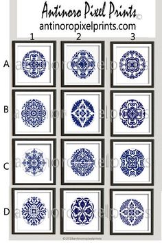 blue and white tile designs with the words artinono pixel prints on it in black frame