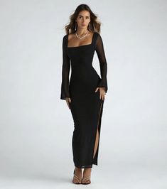 Becka Formal Mesh High Slit Long Dress | Windsor Wedding Guest Dress Fall Long Sleeve, Long Hoco Dresses With Sleeves, Off The Shoulder Christmas Dress, Dress Outfits Party Wedding, Wedding Guest Dress Fall Formal, Fall Black Wedding Guest Dress, High Neck Line Dress, Black Long Sleeve Satin Dress, Long Sleeved Long Dress