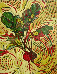 an abstract painting with red and green flowers on yellow background, in the middle of a circular pattern