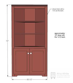 the measurements for a bookcase with doors and shelves