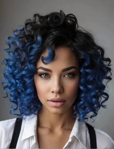 37 Spring Hair Color Trends For Curly Hair In 2024 Blue Black Curly Hair, Blue Curly Hair, Blue Hair Streaks, Spring Hair Color Trends, Ombre Curly Hair, Berry Tones, Honey Balayage, Blue Ombre Hair, Beauty Hair Color