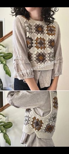 two pictures of a woman wearing a sweater with flowers on the front and back side