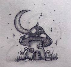 a drawing of a mushroom house with a crescent moon