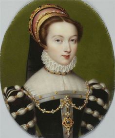 an oval portrait of a woman in black and white dress with pearls on her head