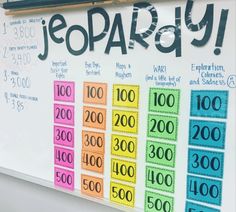 a whiteboard with numbers and words on it that say, jeopara y