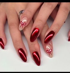 Red Nail Designs Birthday, Cherry Cola Nails Chrome, Simple Girly Nails, Red Nails Caption, Simple Red Nail Designs, Valentino 2024, Red Chrome Nails, Nail Art Noel, Coquette Nails