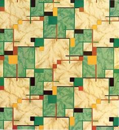 an abstract painting with squares and rectangles in shades of green, brown, yellow and orange