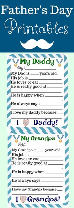 father's day printables with the words, i love my grandpa and mustache