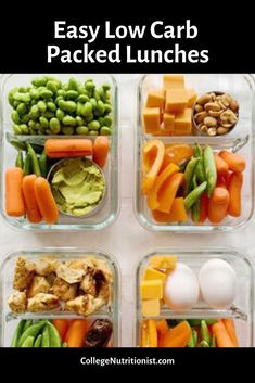 four plastic containers filled with different types of food and the words easy packed lunches