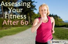 a woman running down a path with the words assessing your fitness after 60